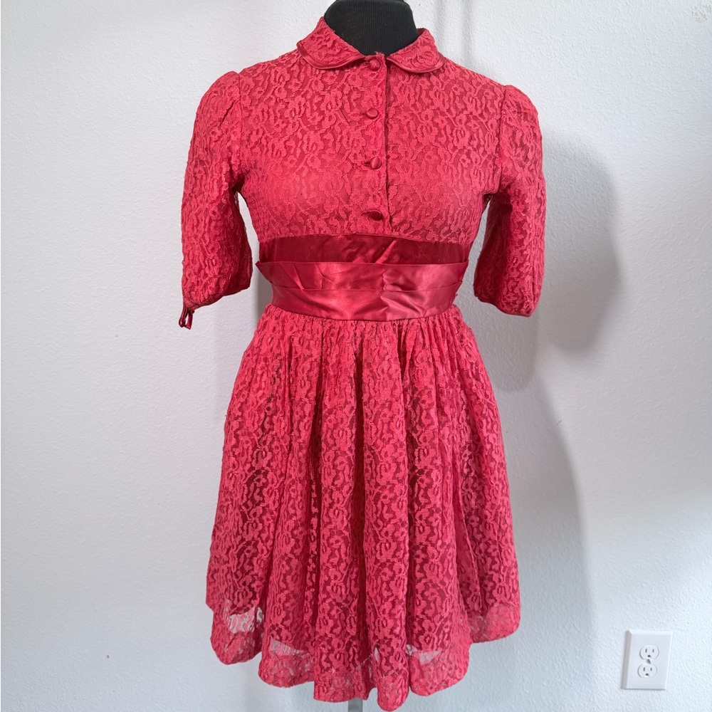 Vintage 50s Pink Lace Girls Dress Honey Joy Satin Sash Party Dress